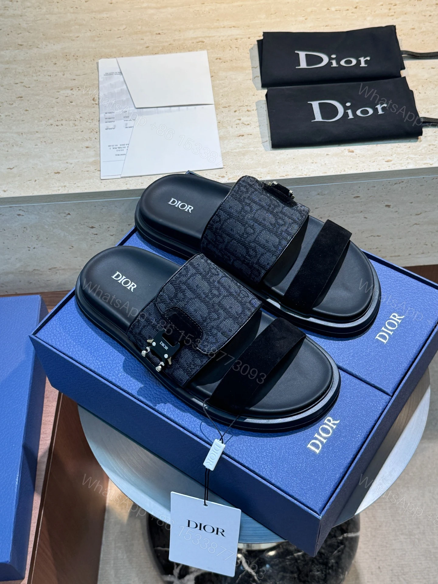 Dior 高仿 男款深藍緹花拖鞋 雙帶設計休閒款 — view 1