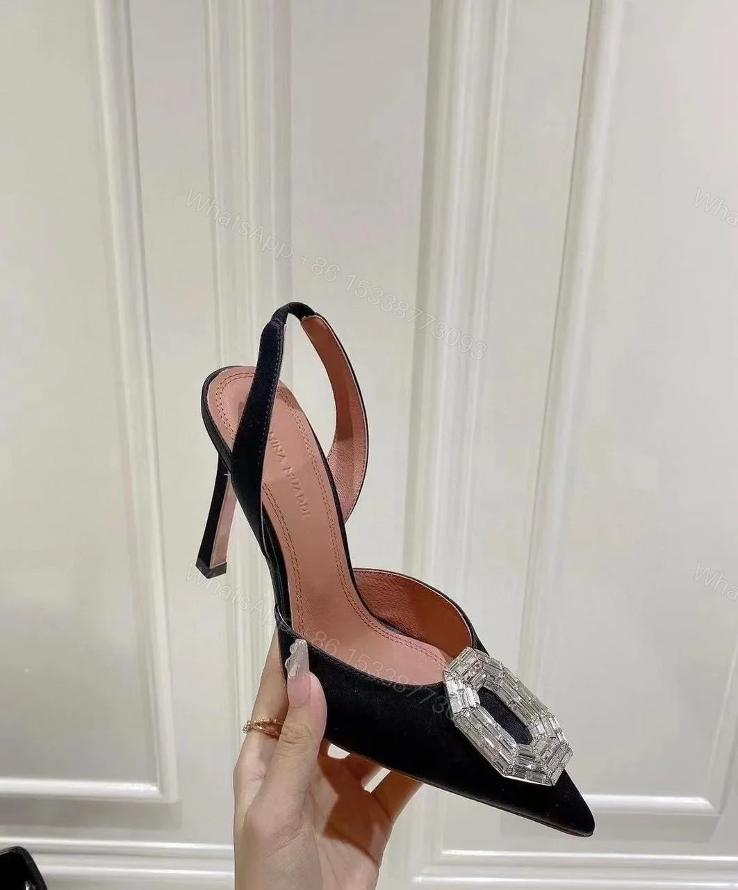 Amina Muaddi Black Camelia Crystal Slingback — view 1