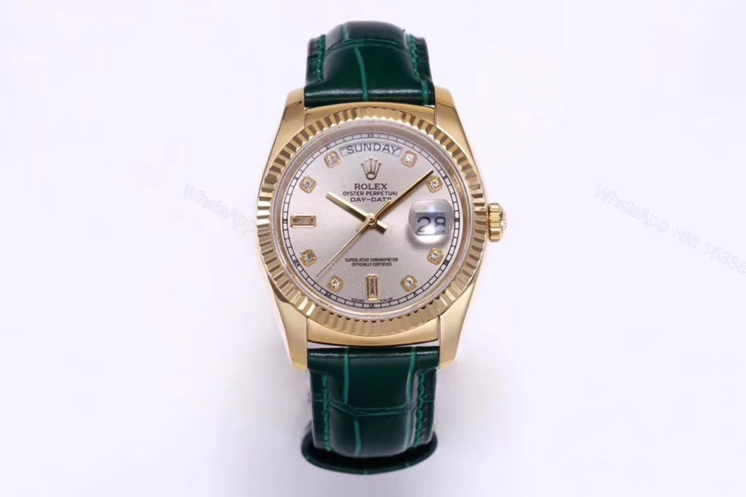 高仿 Rolex 總統表香檳盤金殼綠色皮帶星期日历高仿腕錶 — view 1