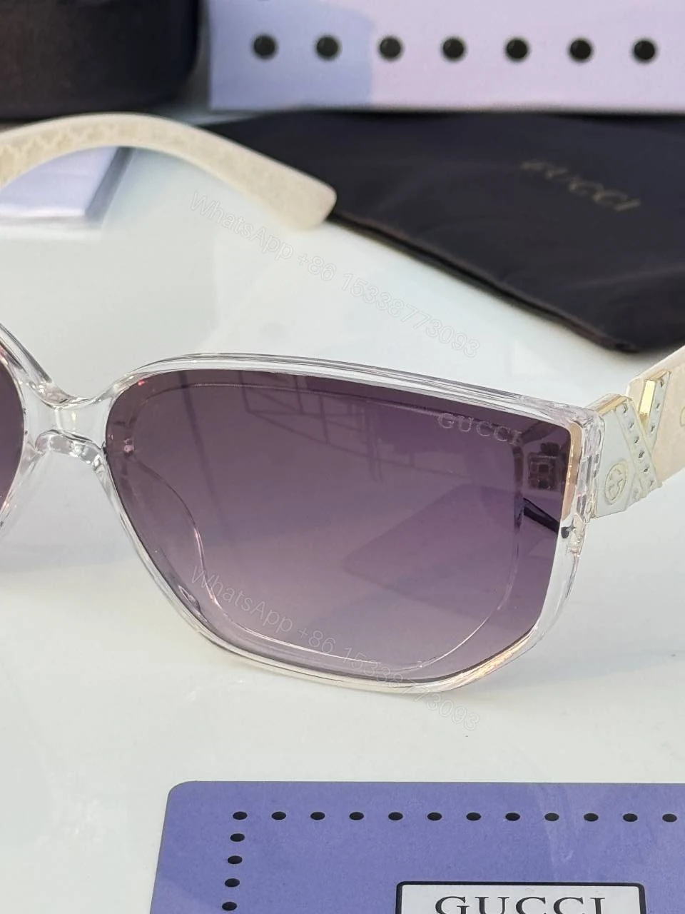 View 5 of First Copy Gucci Cat Eye Sunglasses White Frame Gradient Grey Lens