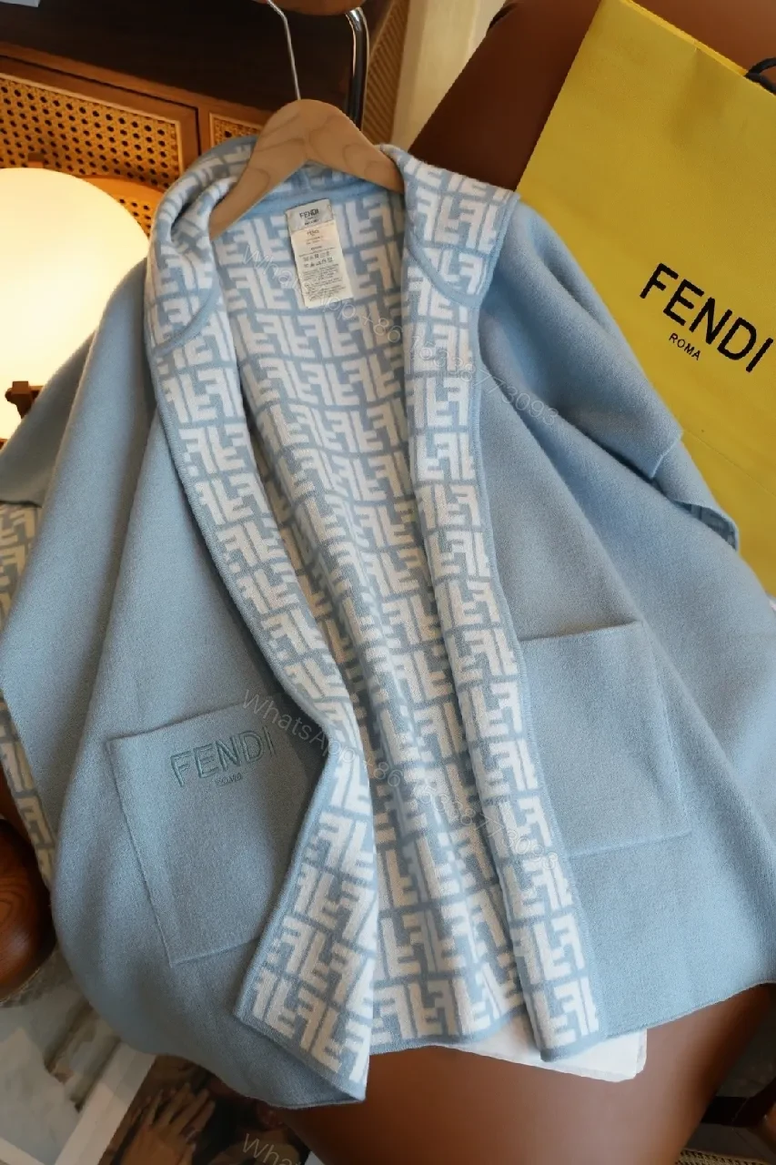 View 8 of Blue Knit Wrap Coat with Patterned Lining, Luxurious Cozy Style