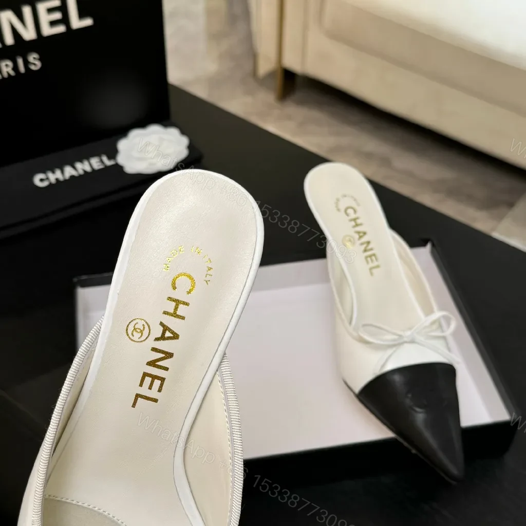 View 9 of Two-Tone Leather Mules with Knot Detail, Kitten Heel, Luxe Style