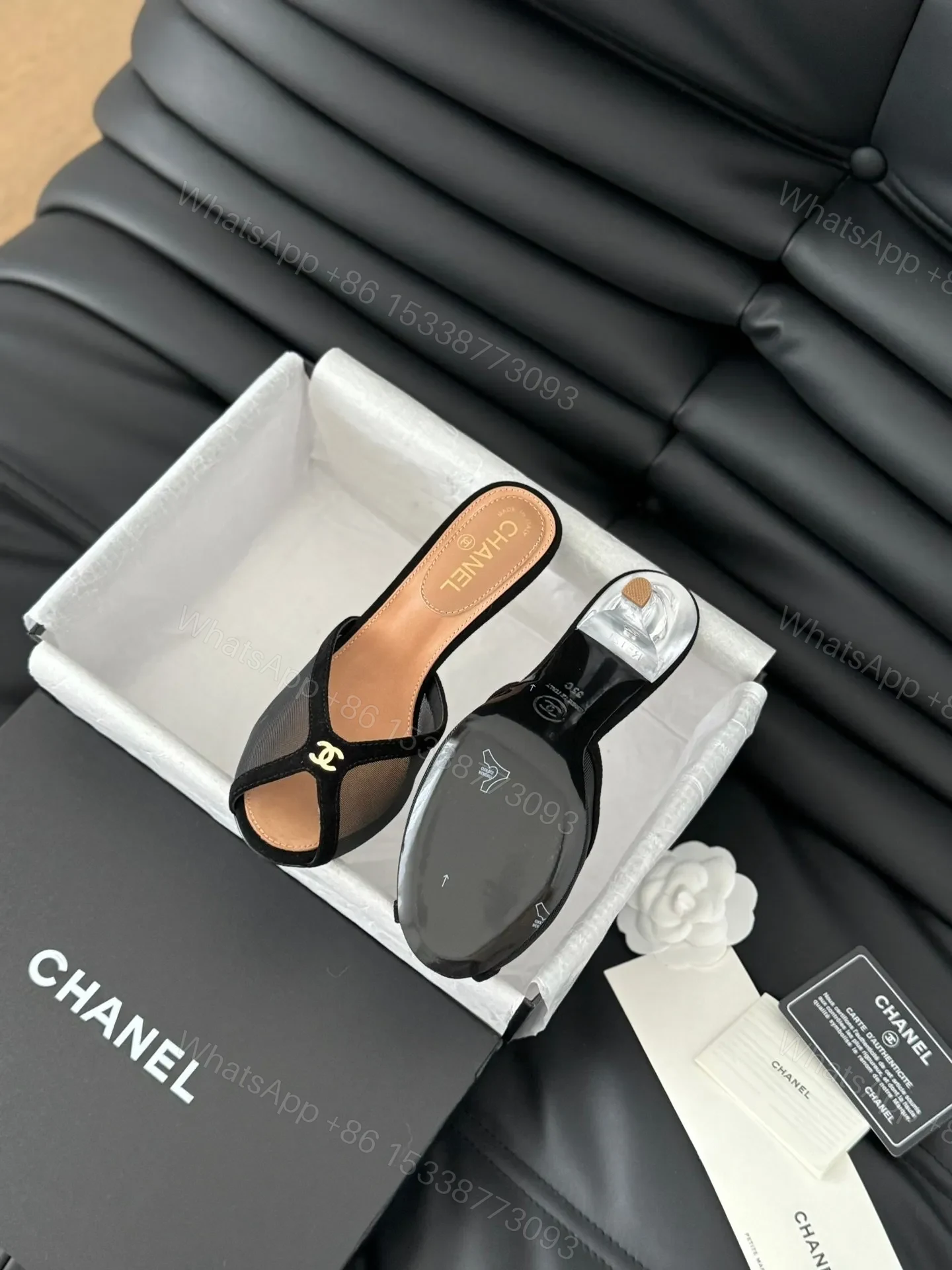 View 6 of Chanel Women Black Mesh Logo Slide Sandals
