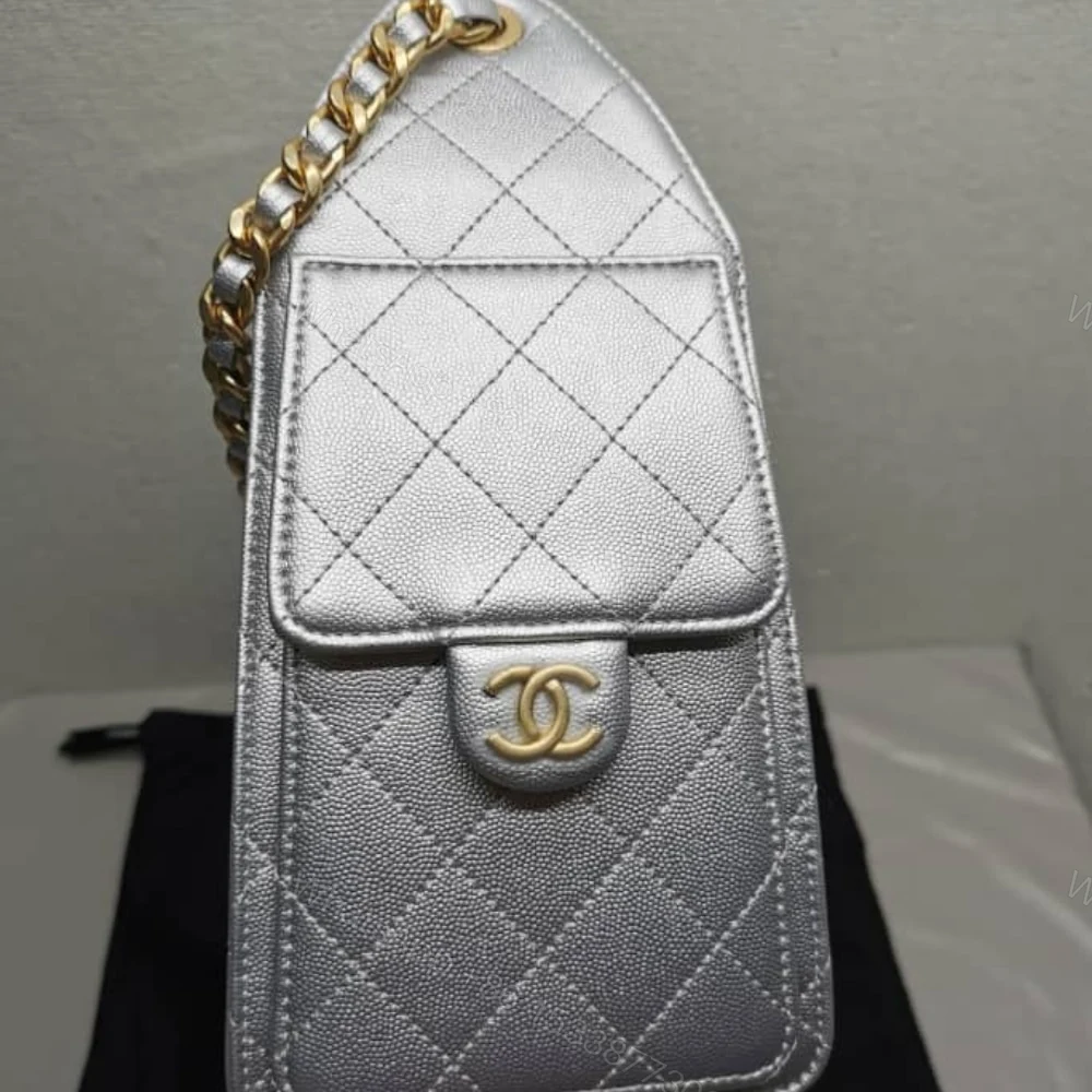 View 5 of Chanel 25 Small Handbag Metallic Grained And Gold Tone Metal Silver 26Cm