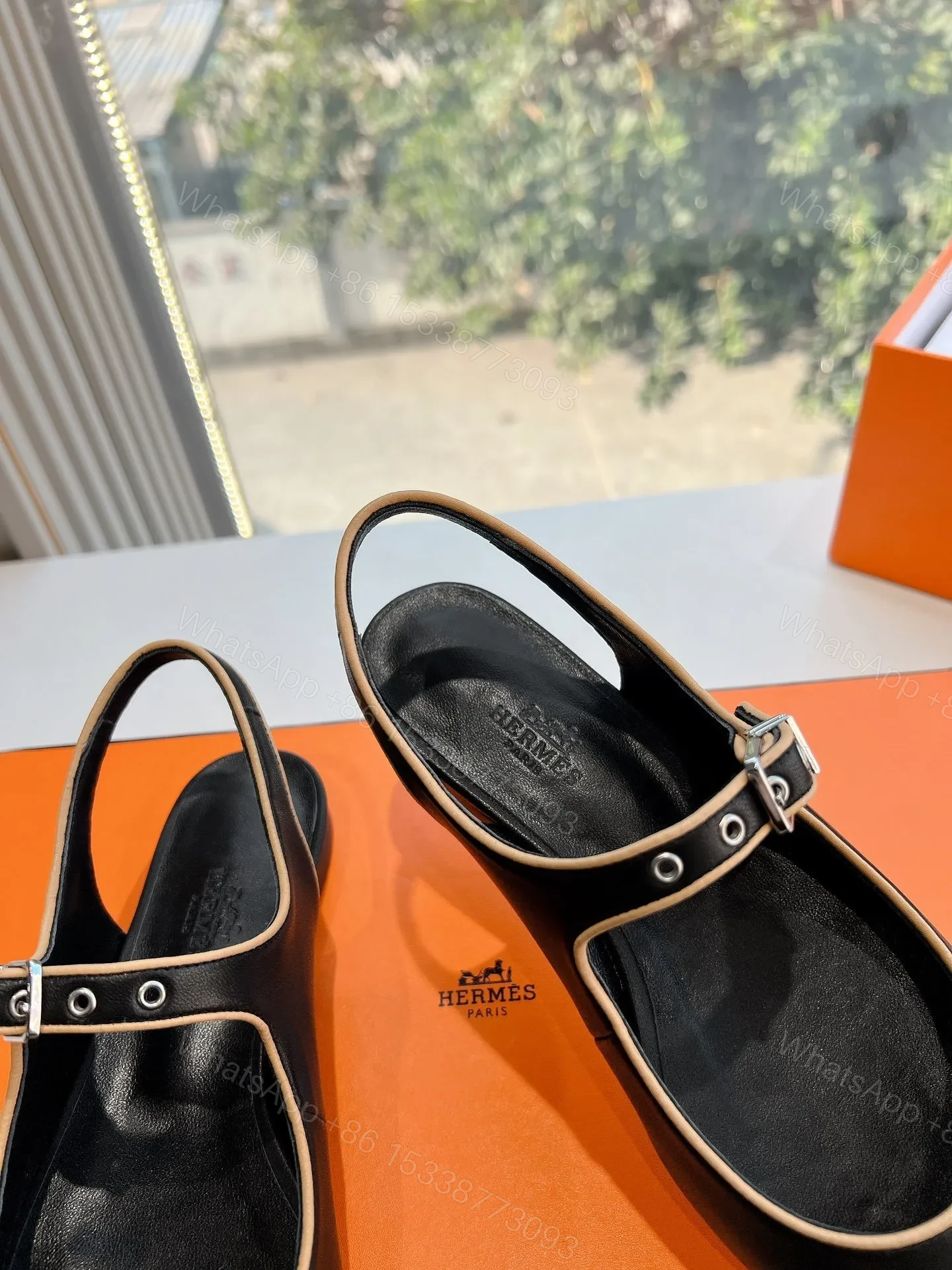 View 5 of Hermes Women Black Leather Slingback Mules