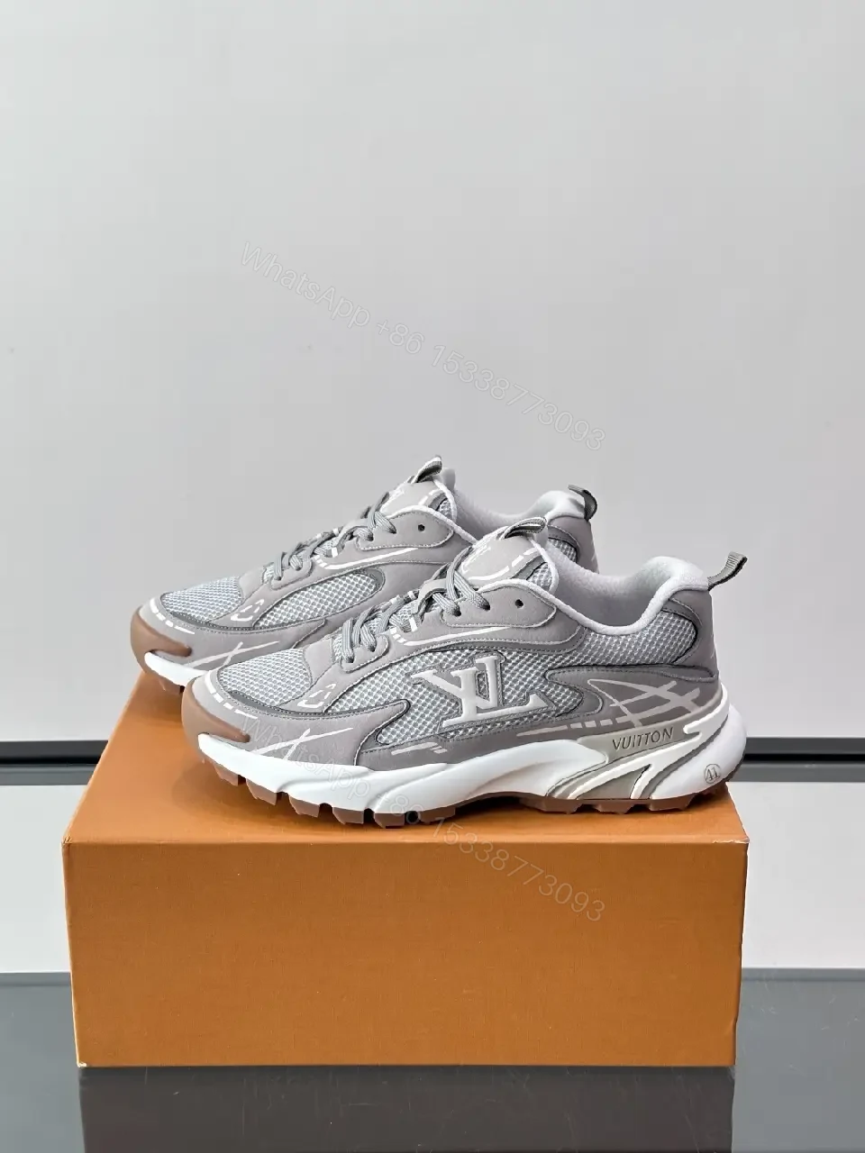 View 5 of Gray Mesh Leather Chunky Sneaker LV-inspired X Logo Shoes