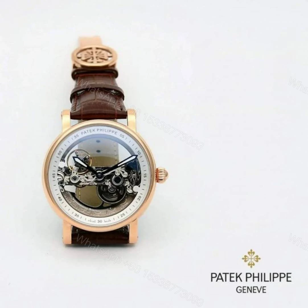 First Copy Patek Philippe Skeleton Automatic Watch With Rose Gold Case And Brown Leather Strap — view 1
