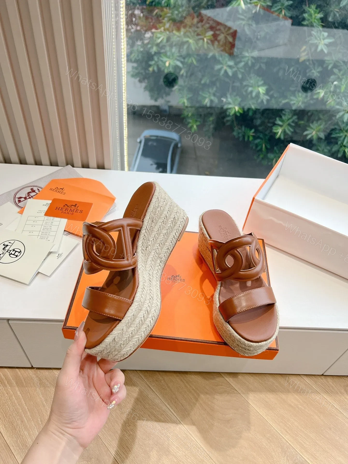 View 6 of Hermes Women Brown Leather Espadrille Sandals