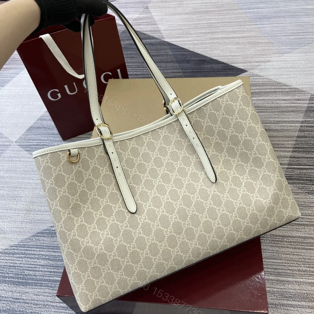 View 6 of Gucci GG Emblem Large Tote Bag Beige And White GG Monogram Coated Fabric 38Cm