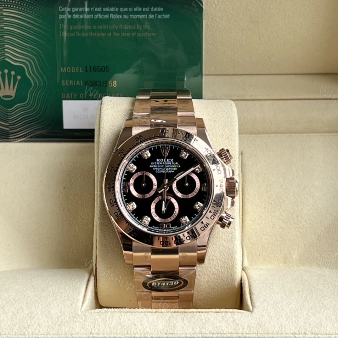 Rolex 高仿 男款 Daytona 玫瑰金黑面鑽刻計時腕錶 奢華潮流款 — view 1