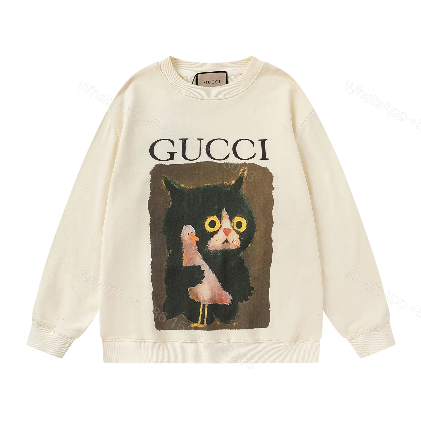 Gucci 高仿黑貓與鴨子插畫圓領長袖 奶白色休閒上衣 — view 1