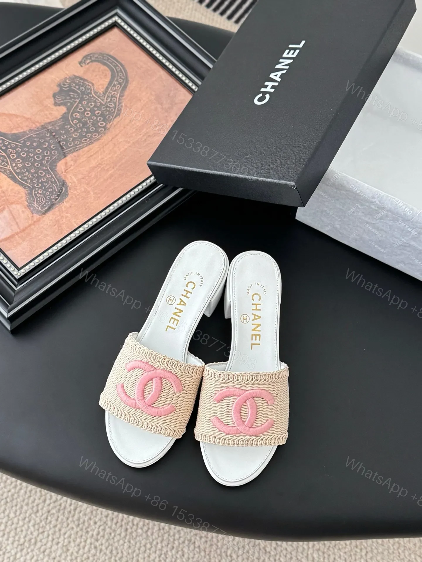 Chanel Women Beige Fabric Pink Logo White Heels — view 1
