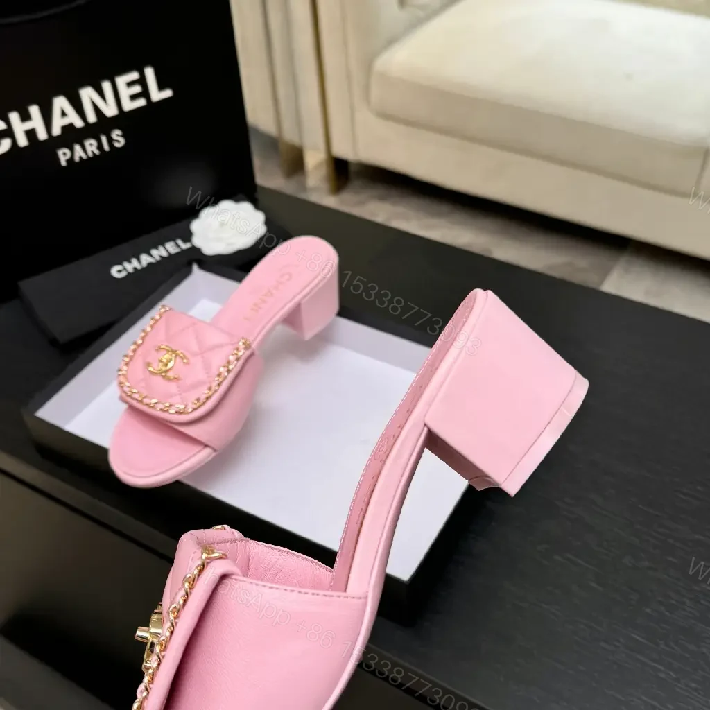 View 9 of Pink Quilted Slides with Chain Detail - Open-Toe Mid-Heel Sandals