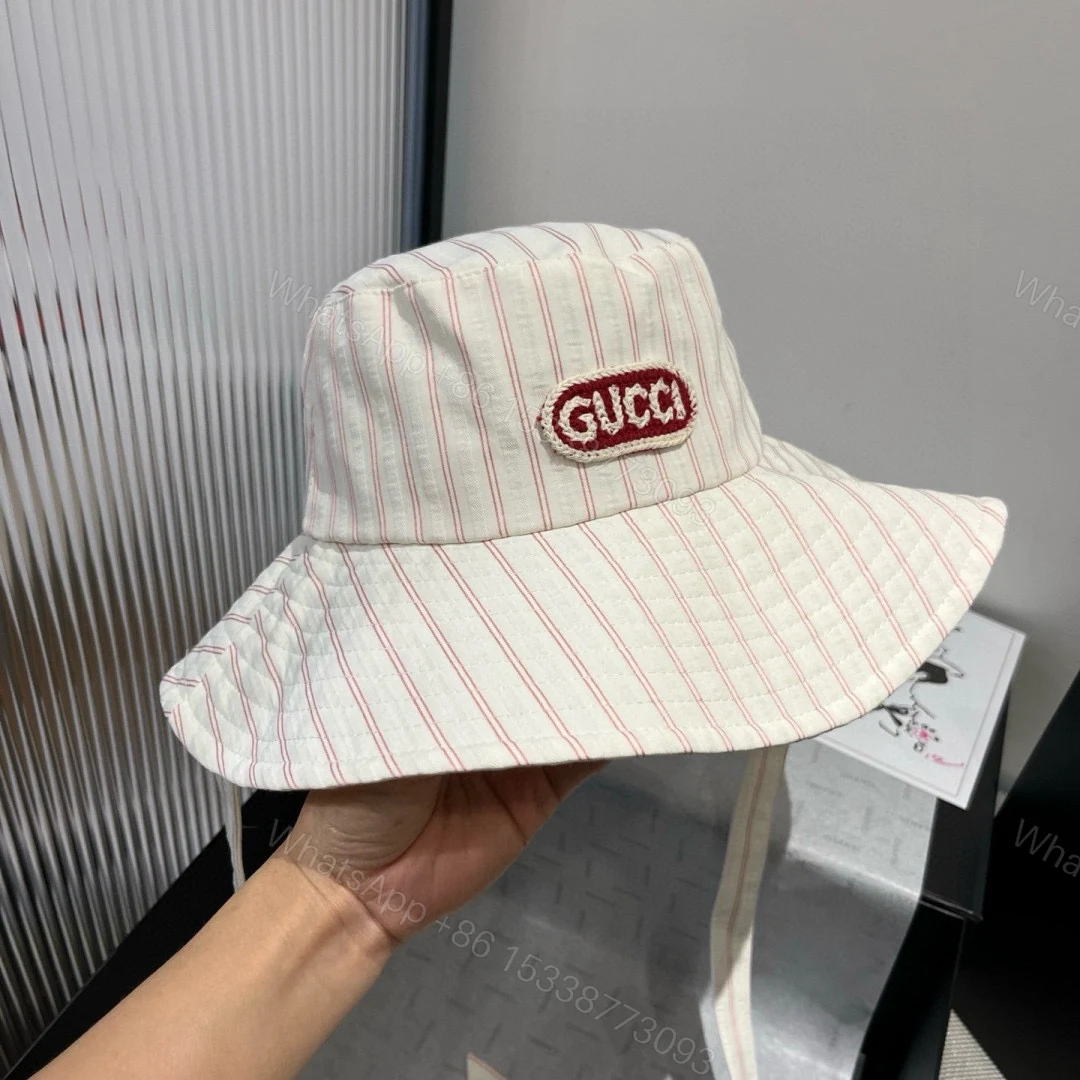 Gucci一比一條紋拼布漁夫帽 男女款紅線LOGO夏日寬簷帽 — view 1