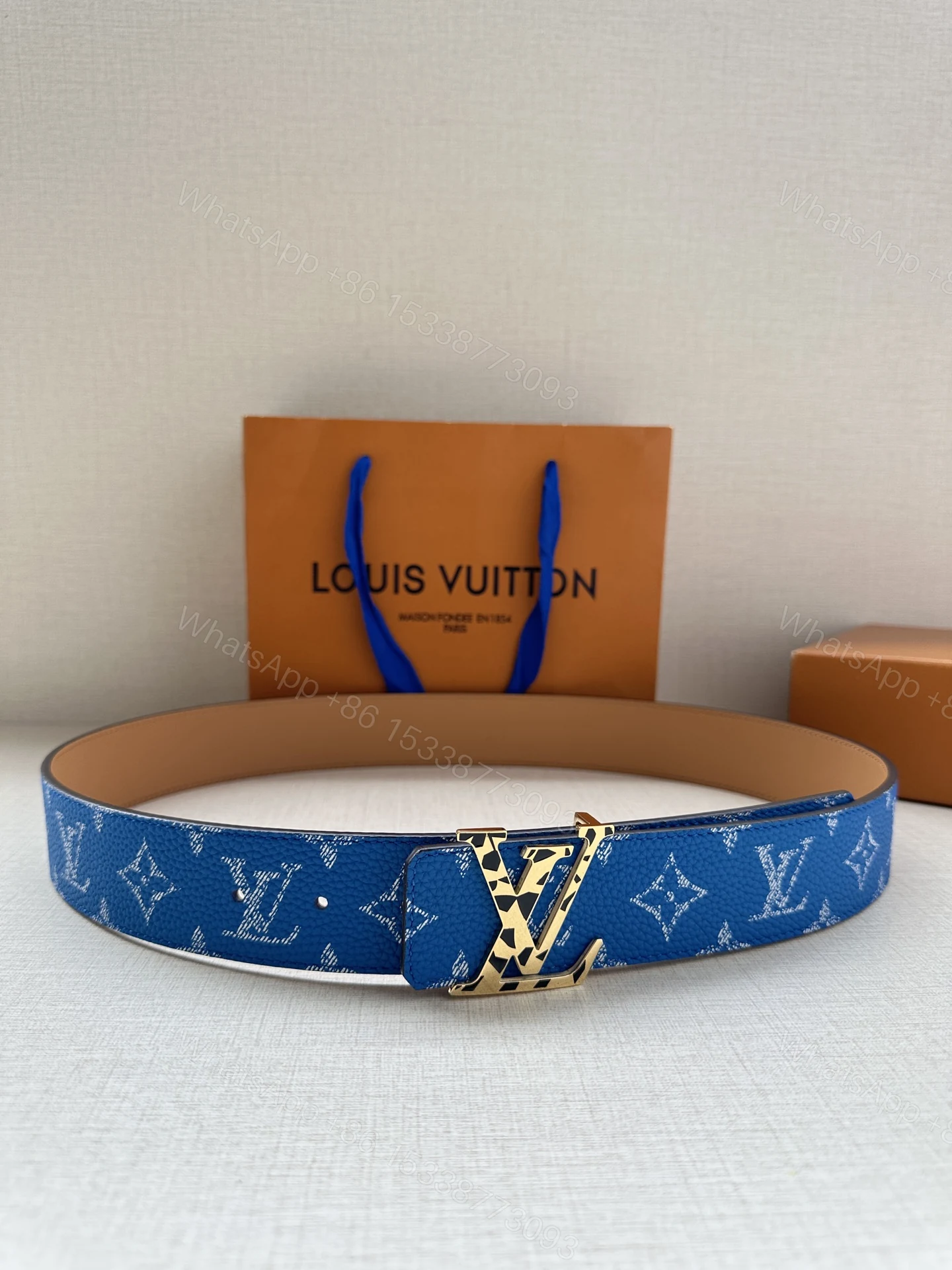 LV 一比一藍色老花皮帶 金色LV扣 — view 1