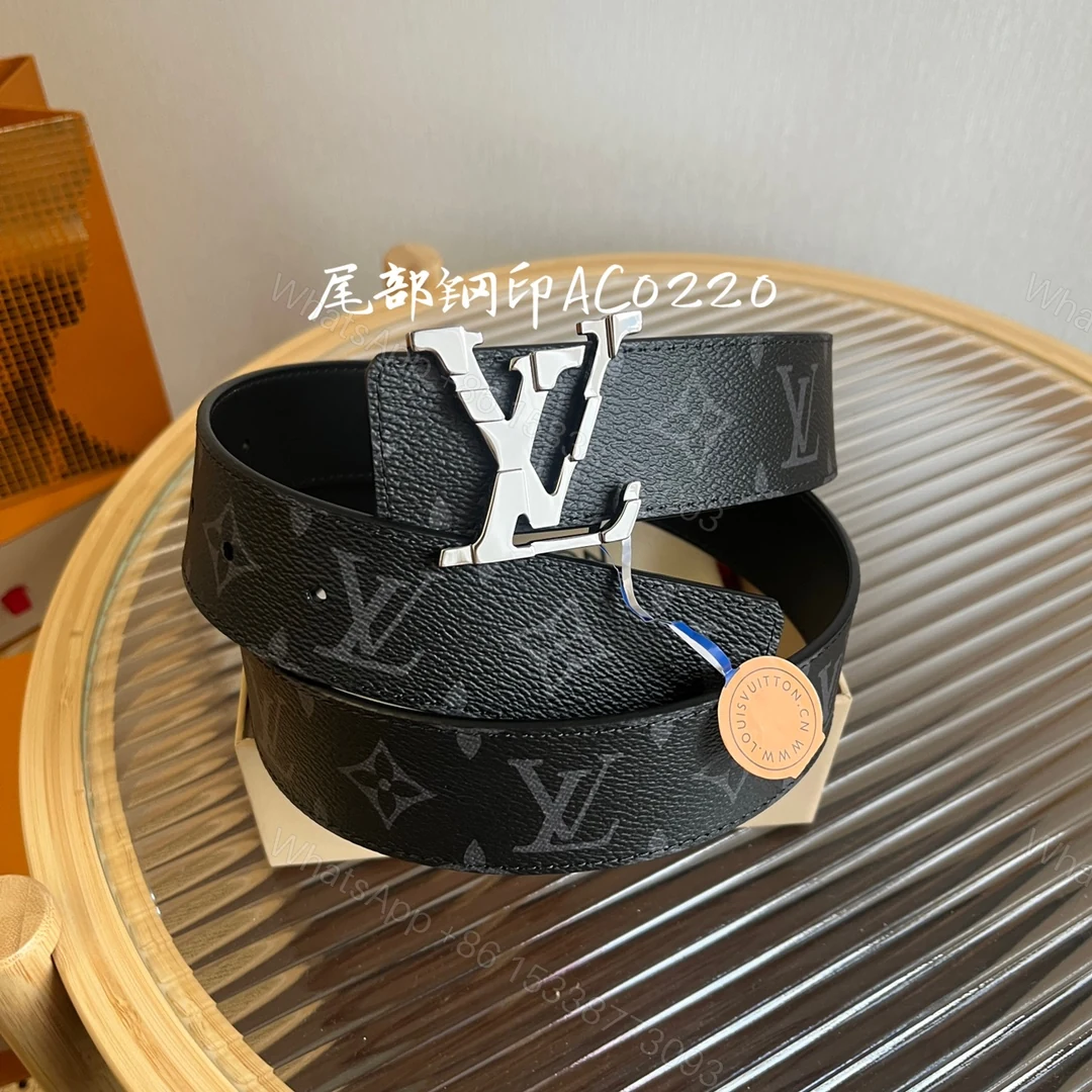 LV 高仿黑色Monogram碎紋啞光銀扣男士皮革腰帶推薦 — view 1