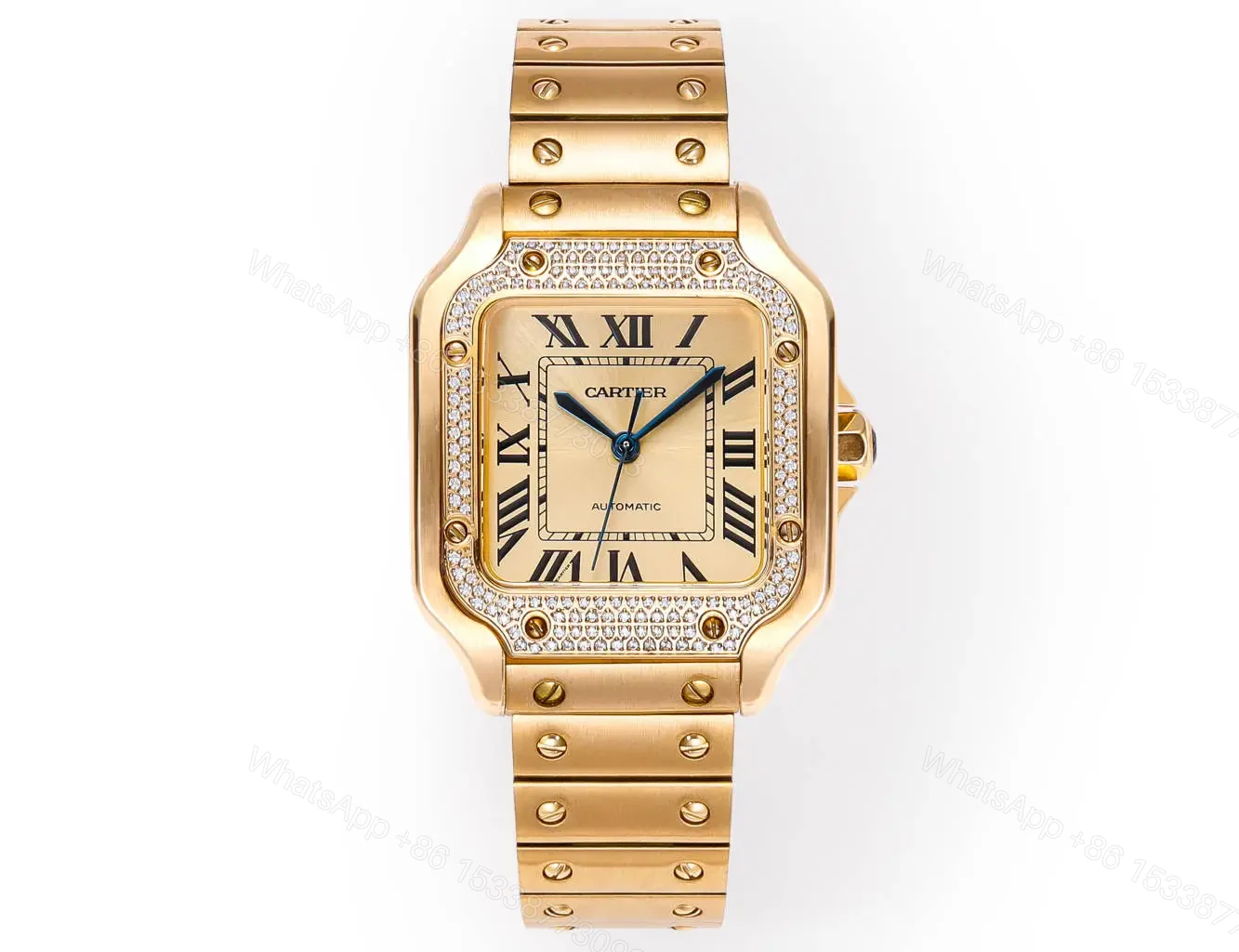 Cartier super clone Santos Champagne Diamond Bezel Gold Bracelet 35MM Premium RG-CARTIER-SANTOS-CHAMP-DIA-BEZ-GOLD-35 — view 1