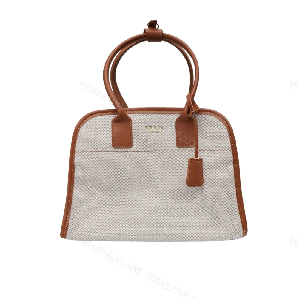 Prada Medium Blend And Leather Tote Bag Tan And Caramel 33Cm 1BG572 2HJA F0KFZ V OOZ — view 1