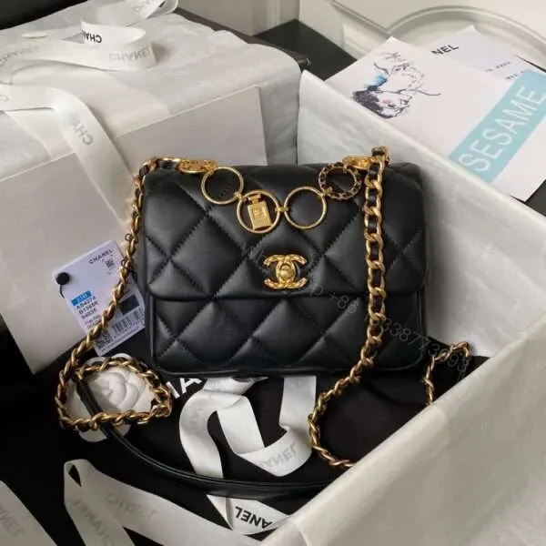 Chanel Like Auth Smooth Black Leather Handbags Demi Lock Black Gold 13x17x6cm — view 1