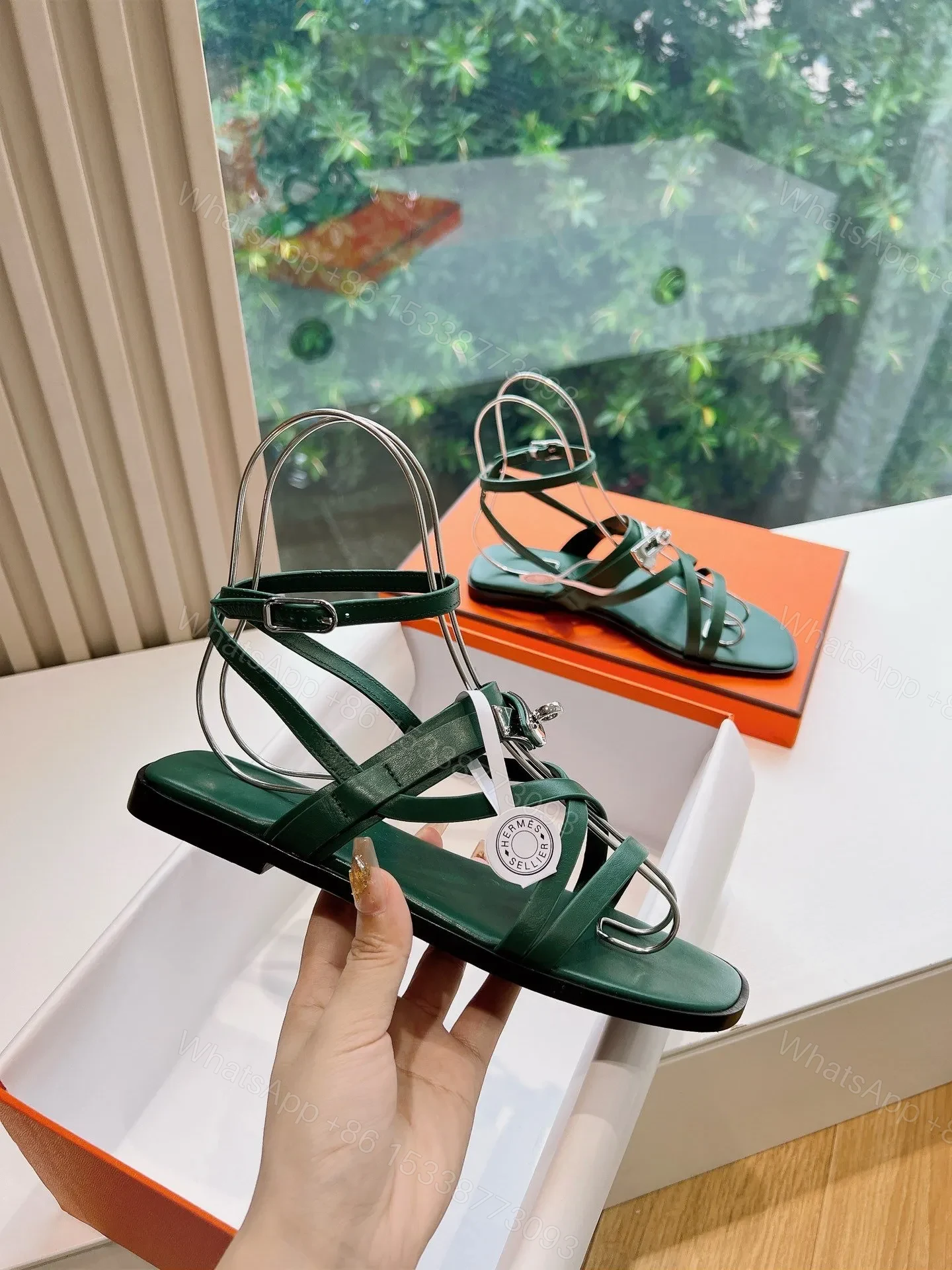 View 5 of Hermes Women Green Leather Strappy Sandals