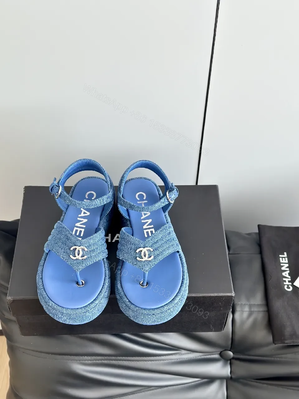 Blue Denim Mule Sandals – Premium Chic, Logo Detail, Open-Toe — view 1