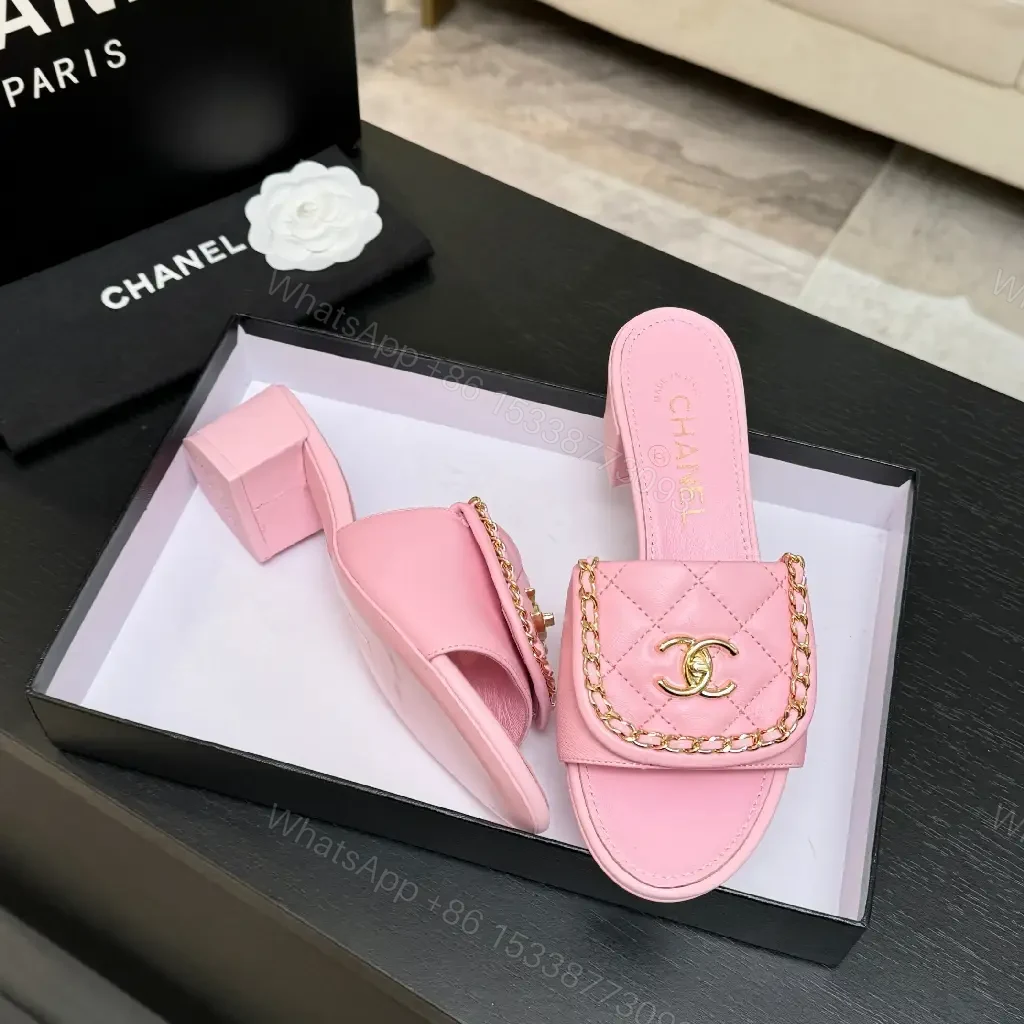 View 6 of Pink Quilted Slides with Chain Detail - Open-Toe Mid-Heel Sandals