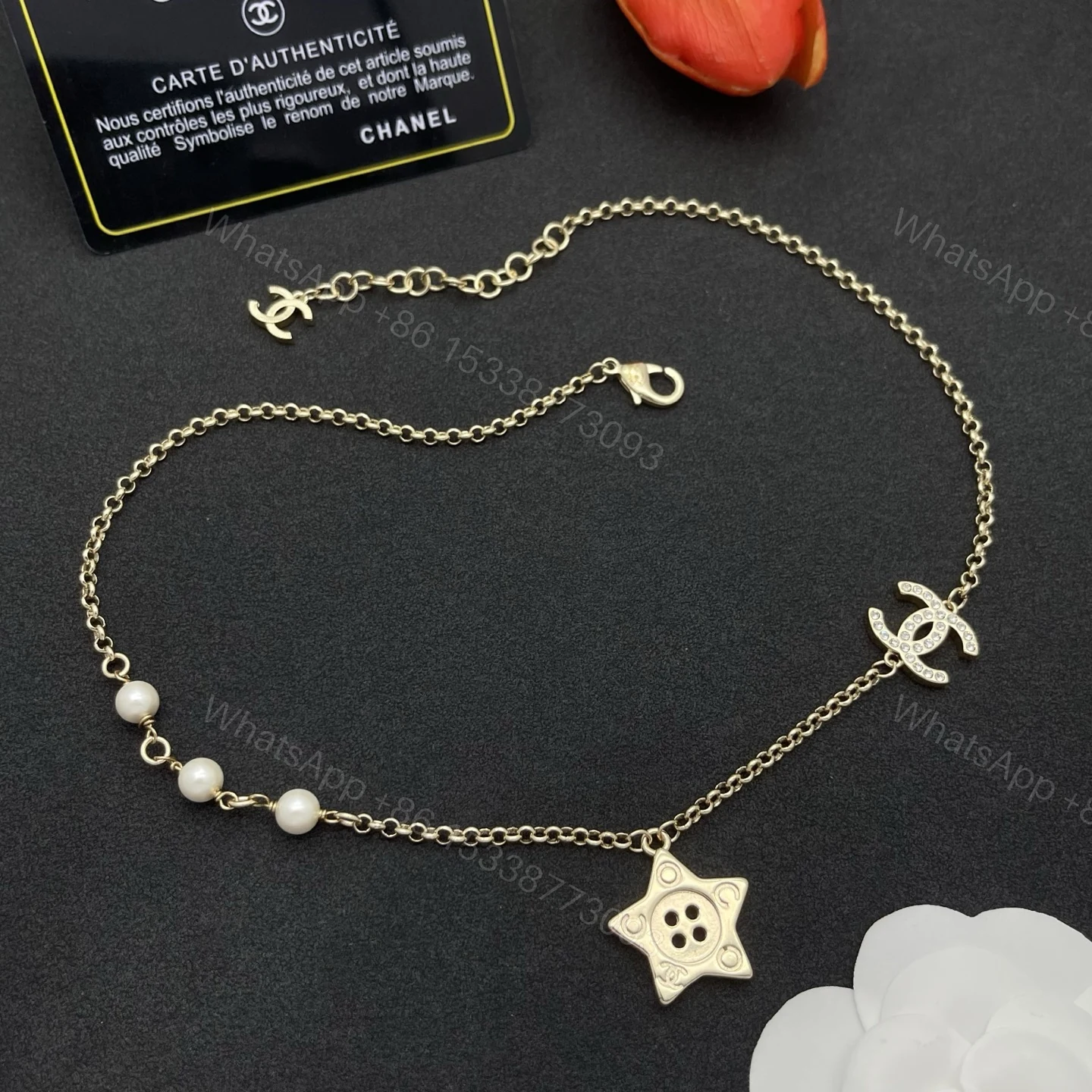 Chanel 高仿星星鈕扣珍珠不對稱項鍊|金色復古氣質款 — view 1