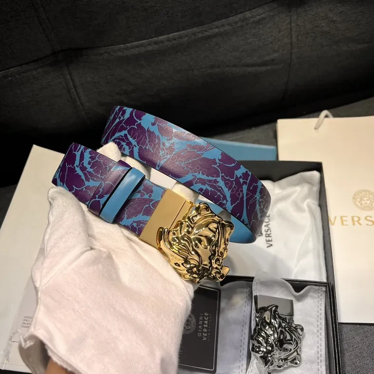 View 7 of Blue Violet Floral Leather Belt with Gold Lion Buckle