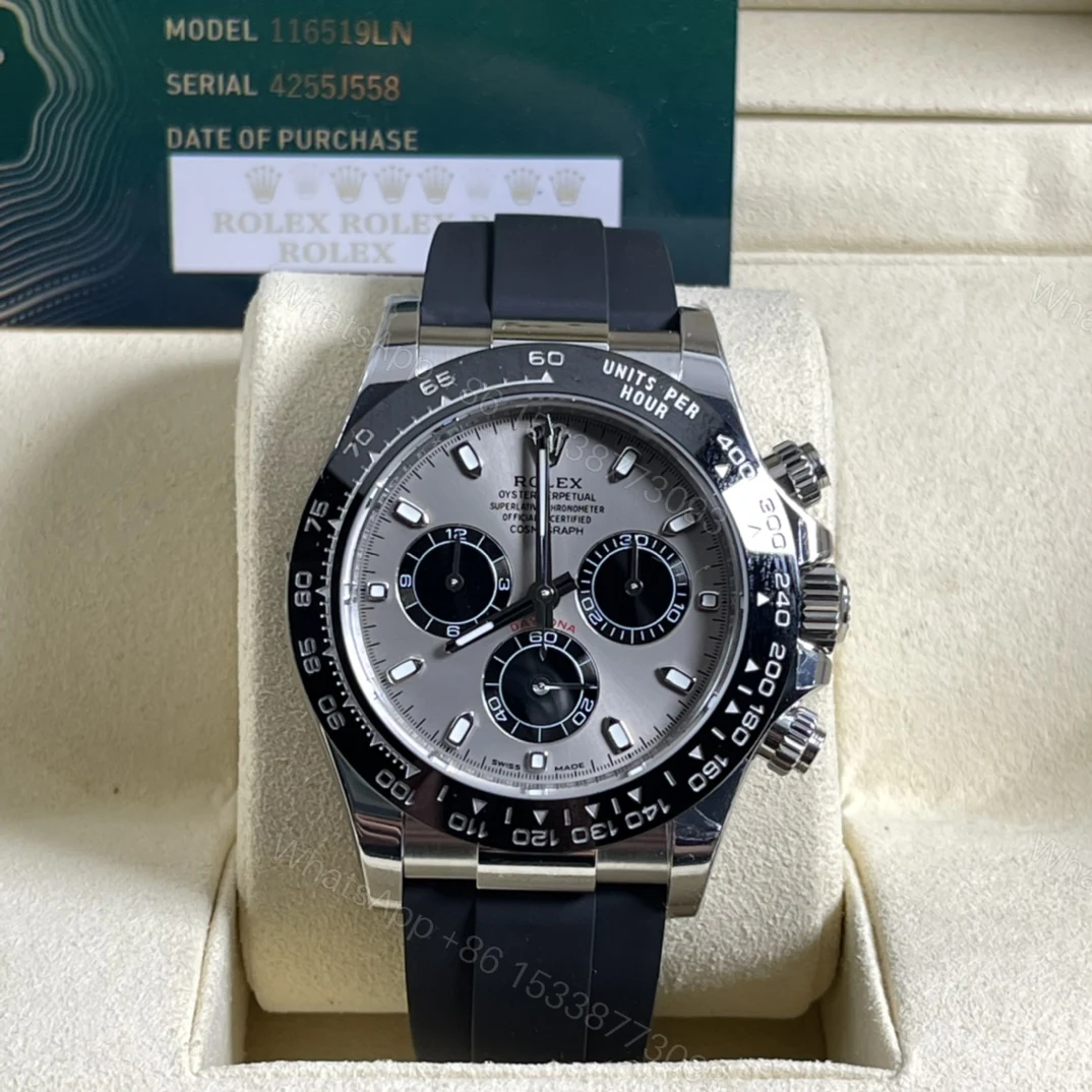 Rolex 原單 男款 Daytona 銀面黑圈橡膠帶計時腕錶 簡約質感款 — view 1