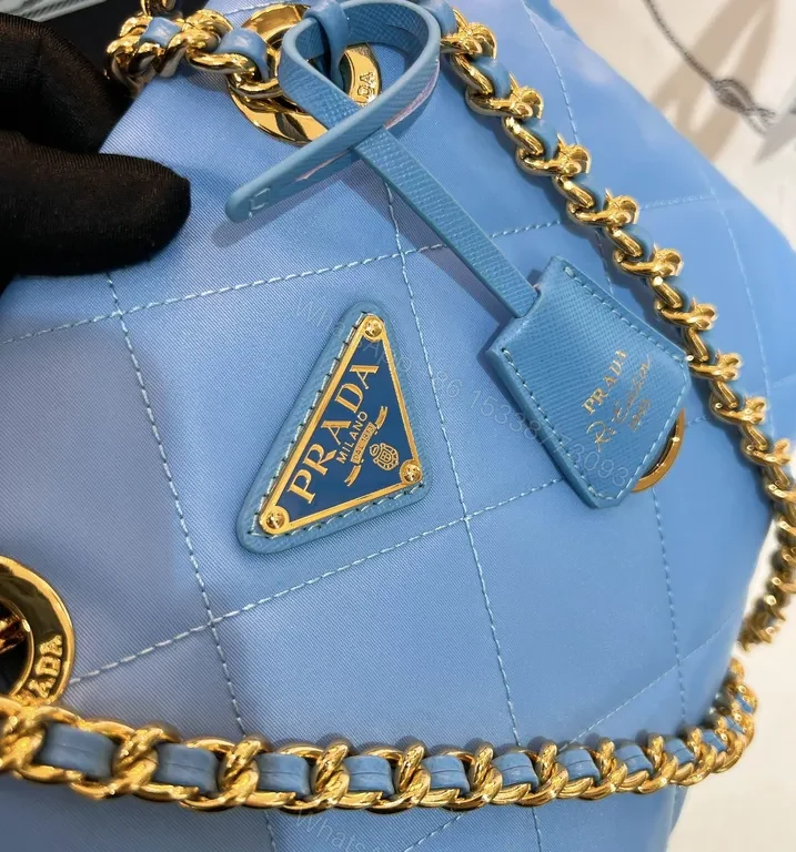 View 5 of Sky-Blue Quilted Nylon Shoulder Bag with Gold Chain - Luxury Prada-Style