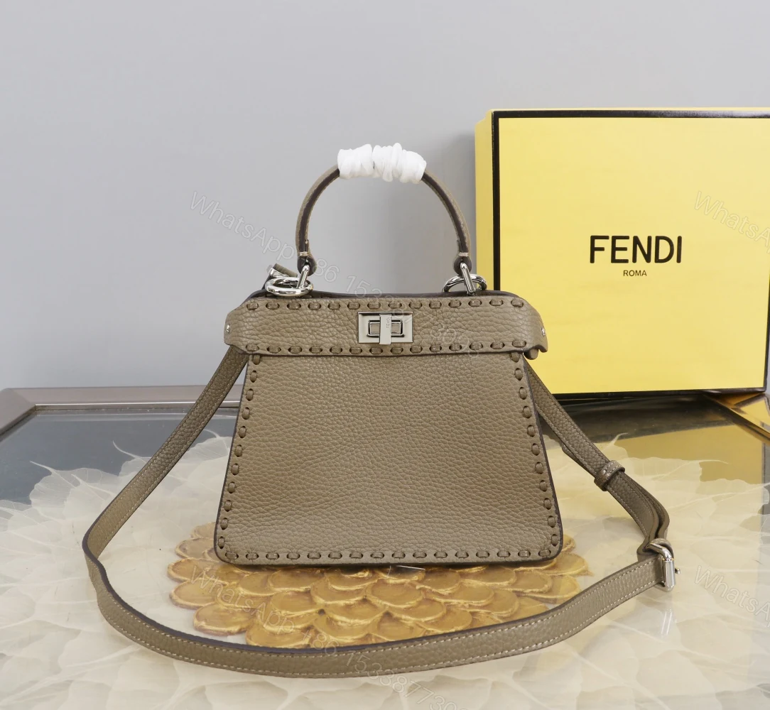 Fendi 高仿 Peekaboo Selleria 小牛皮手提斜背包 灰棕色 — view 1