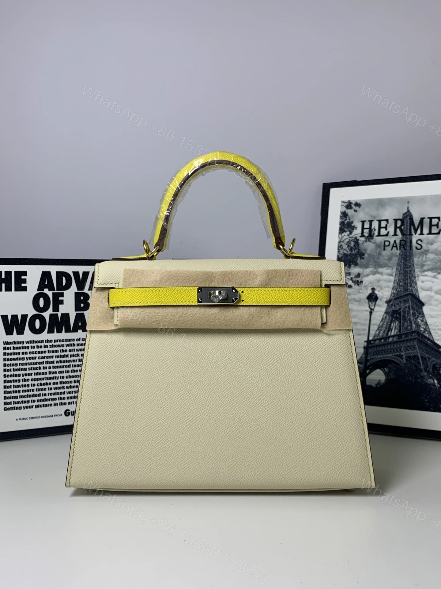 高仿 Hermes Kelly 25 奶油白拼亮黃手提包 高端時尚女包 — view 1