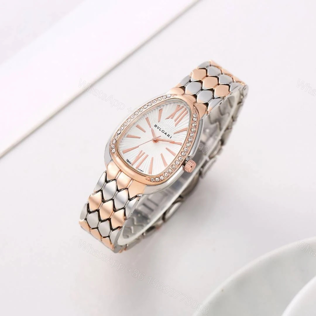 First Copy Bvlgari Serpenti Silver Rose Gold White Dial Diamond Bezel Women’s Analog Watch — view 1