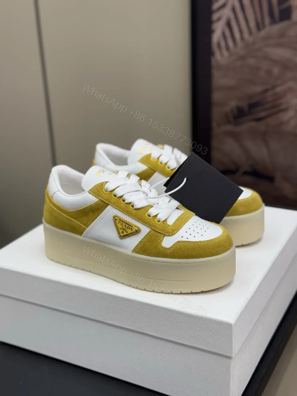 Yellow & White Leather Sneaker — Mustard Accent, Platform Sole, Luxe Everyday Style — view 1