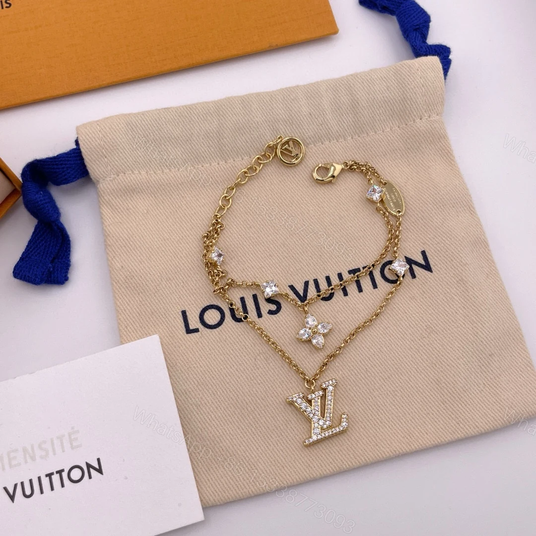 LV 高仿金色水鑽Logo項鍊 雙層鏈條層次點綴款 — view 1