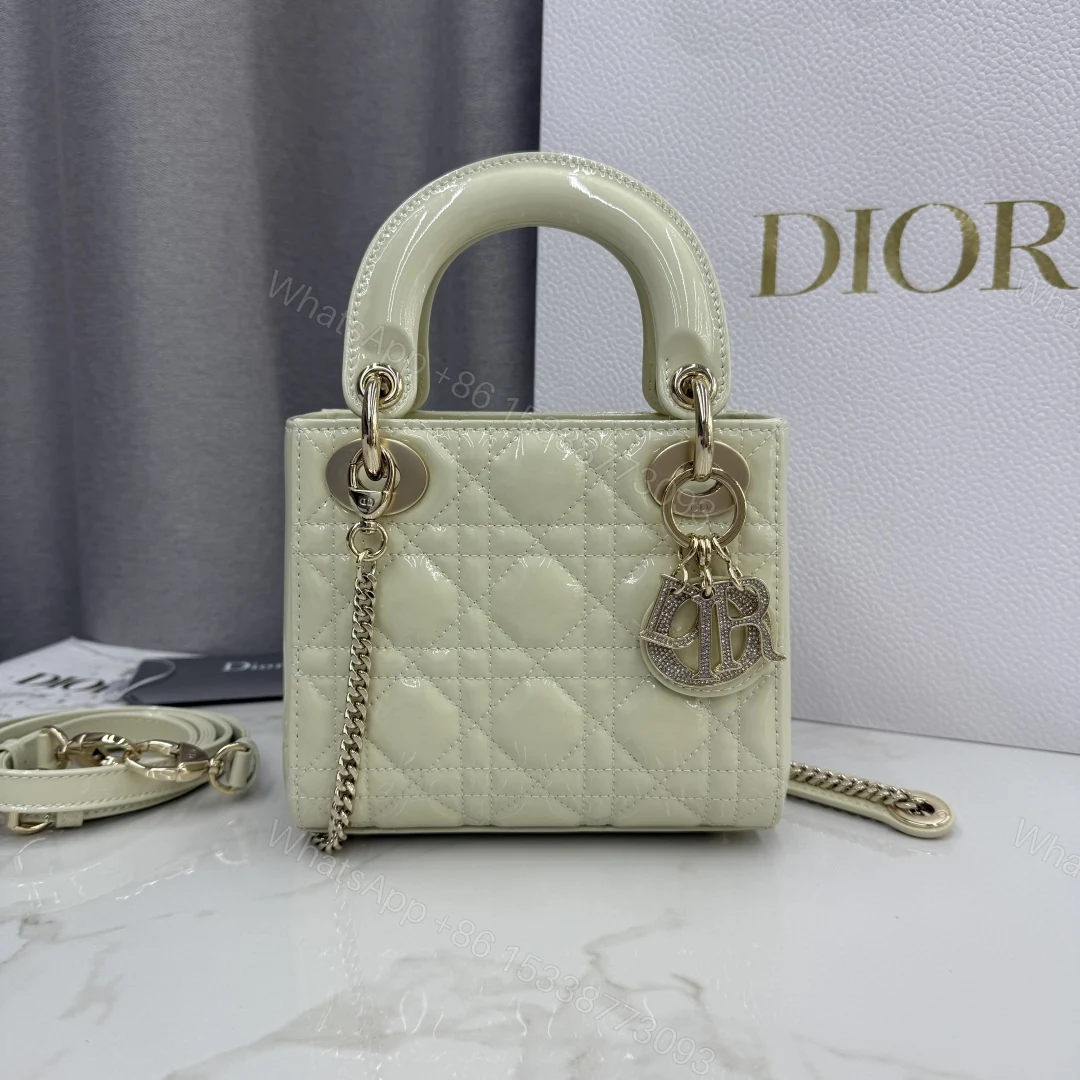 Dior高仿米杏色漆皮Lady Dior手提包女用精緻鏈條款式 — view 1