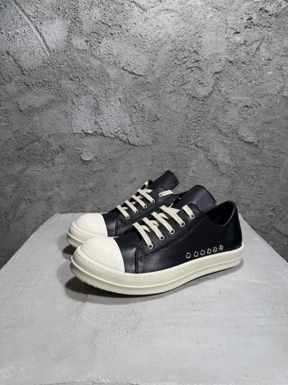 View 10 of Black Leather Casual Sneakers with White Toe Cap and Stud Details
