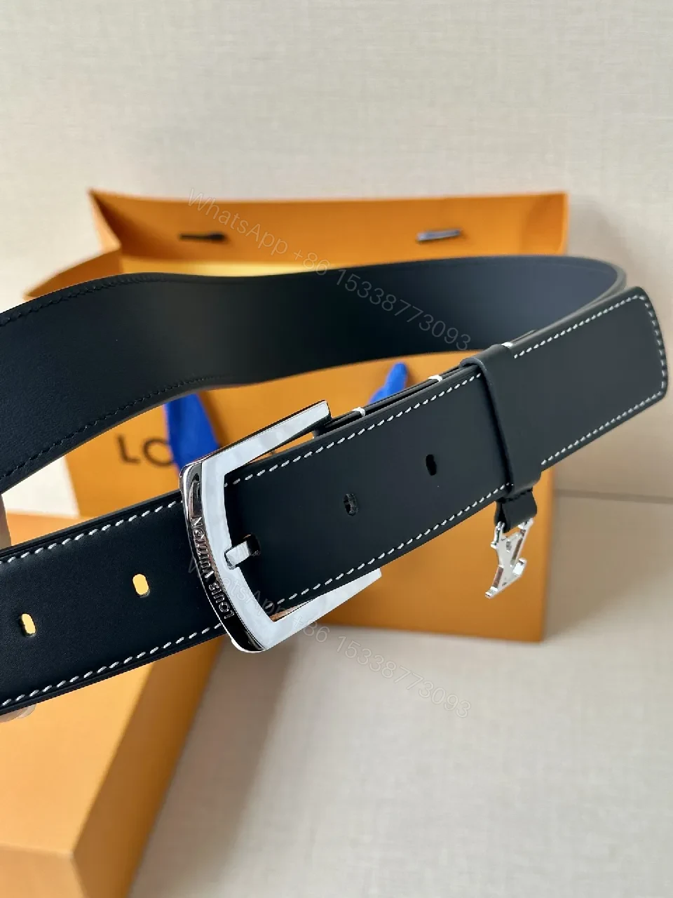 View 5 of Black Leather Belt with Silver Buckle, LV-Inspired Charm
