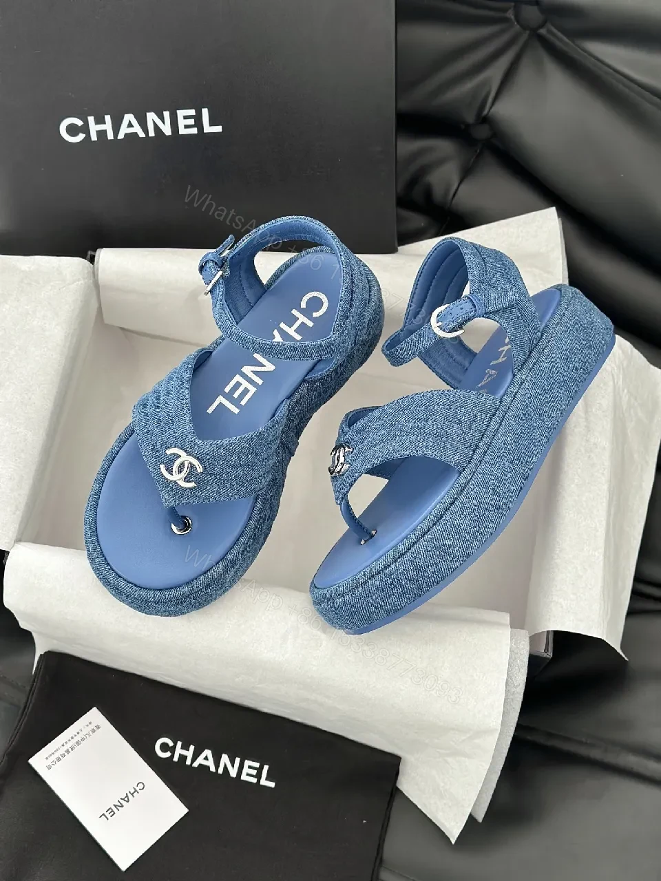 View 5 of Blue Denim Mule Sandals – Premium Chic, Logo Detail, Open-Toe