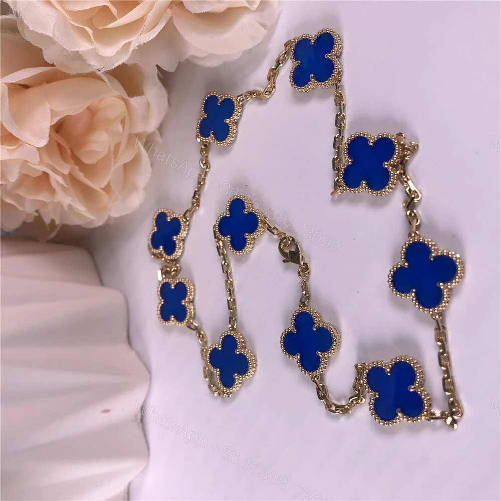Van Cleef & Arpels 18K Yellow Gold Alhambra Necklace Blue Agate 10 Motifs VCARP34800 — view 1