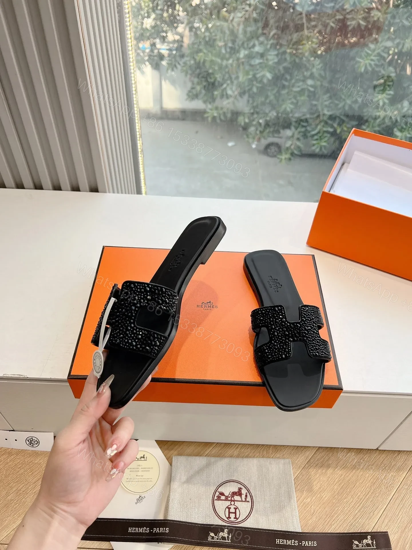View 6 of Hermes Women Black Leather Embellished Slippers