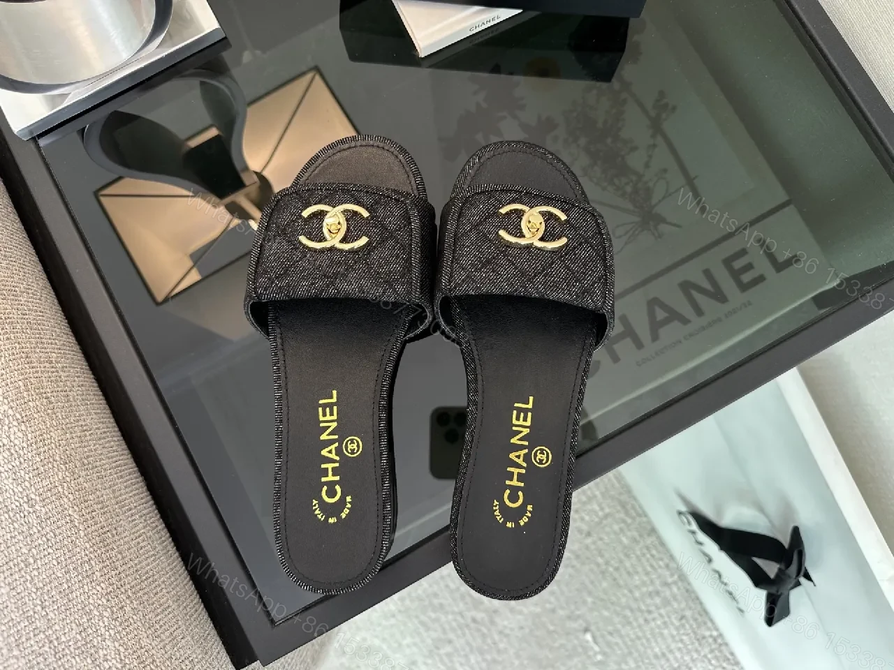 View 8 of Chic Denim Slip-Ons with Gold Interlock Hardware