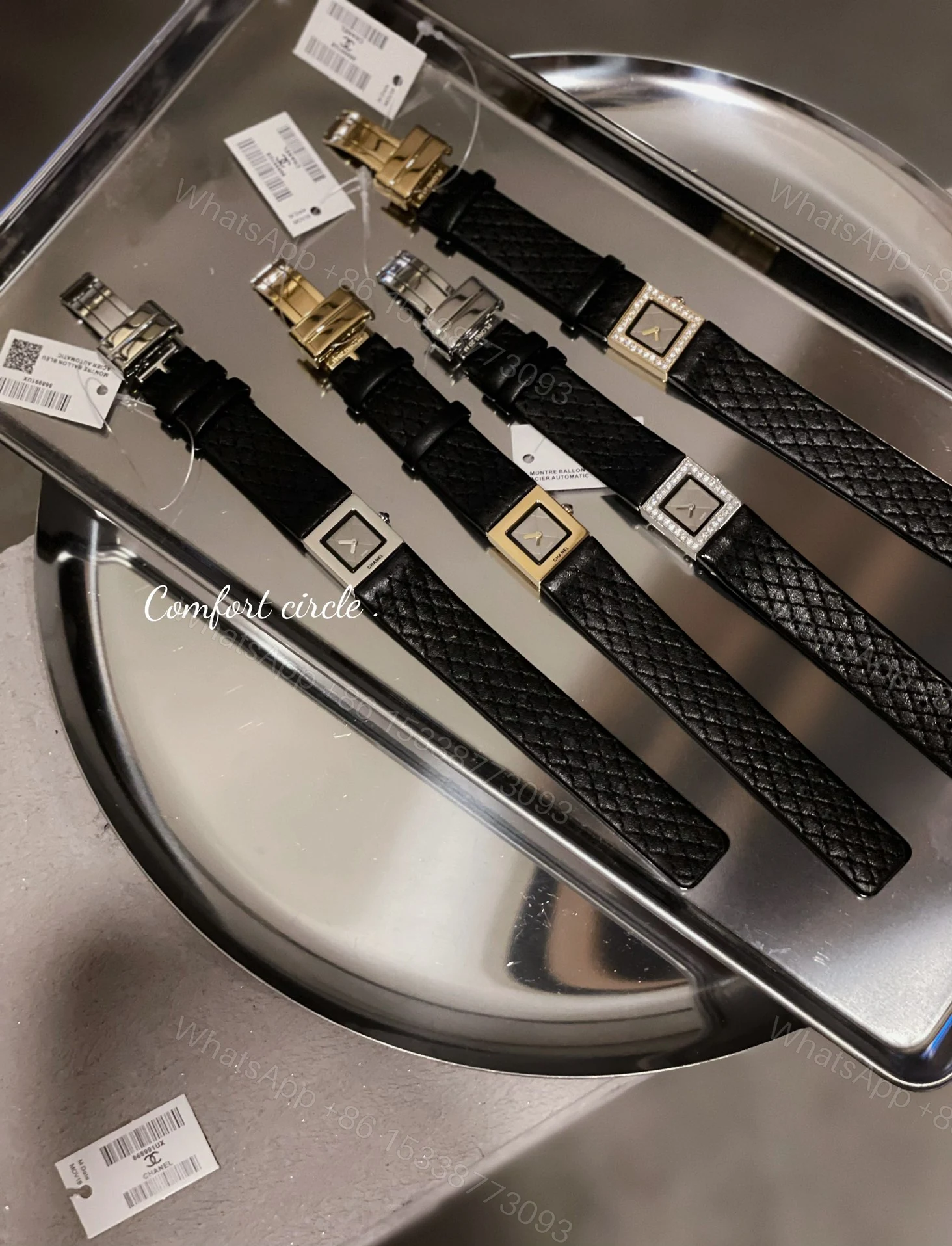CHANEL Première方鑽高仿皮革女錶 銀邊黑面鑽框精品 — view 1