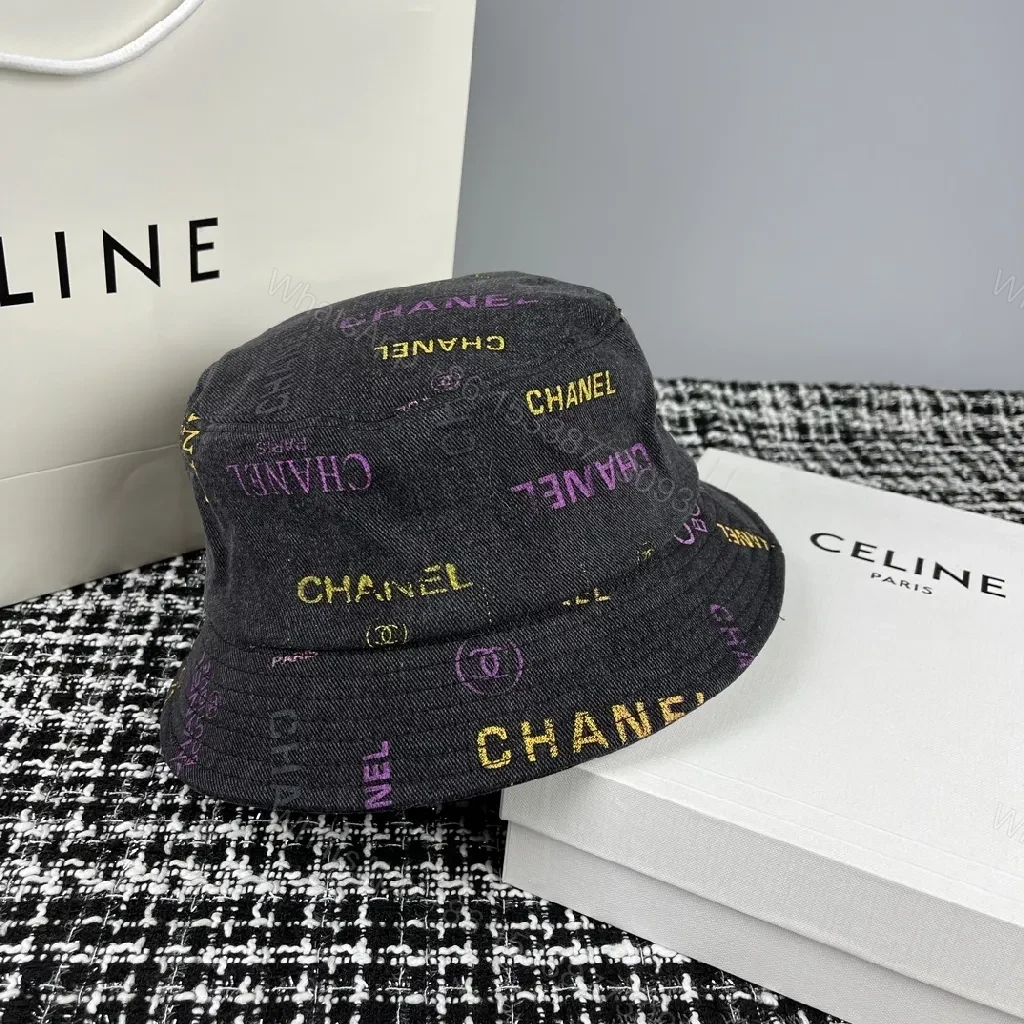 View 8 of Blue Denim Bucket Hat with Multicolor Logo Print