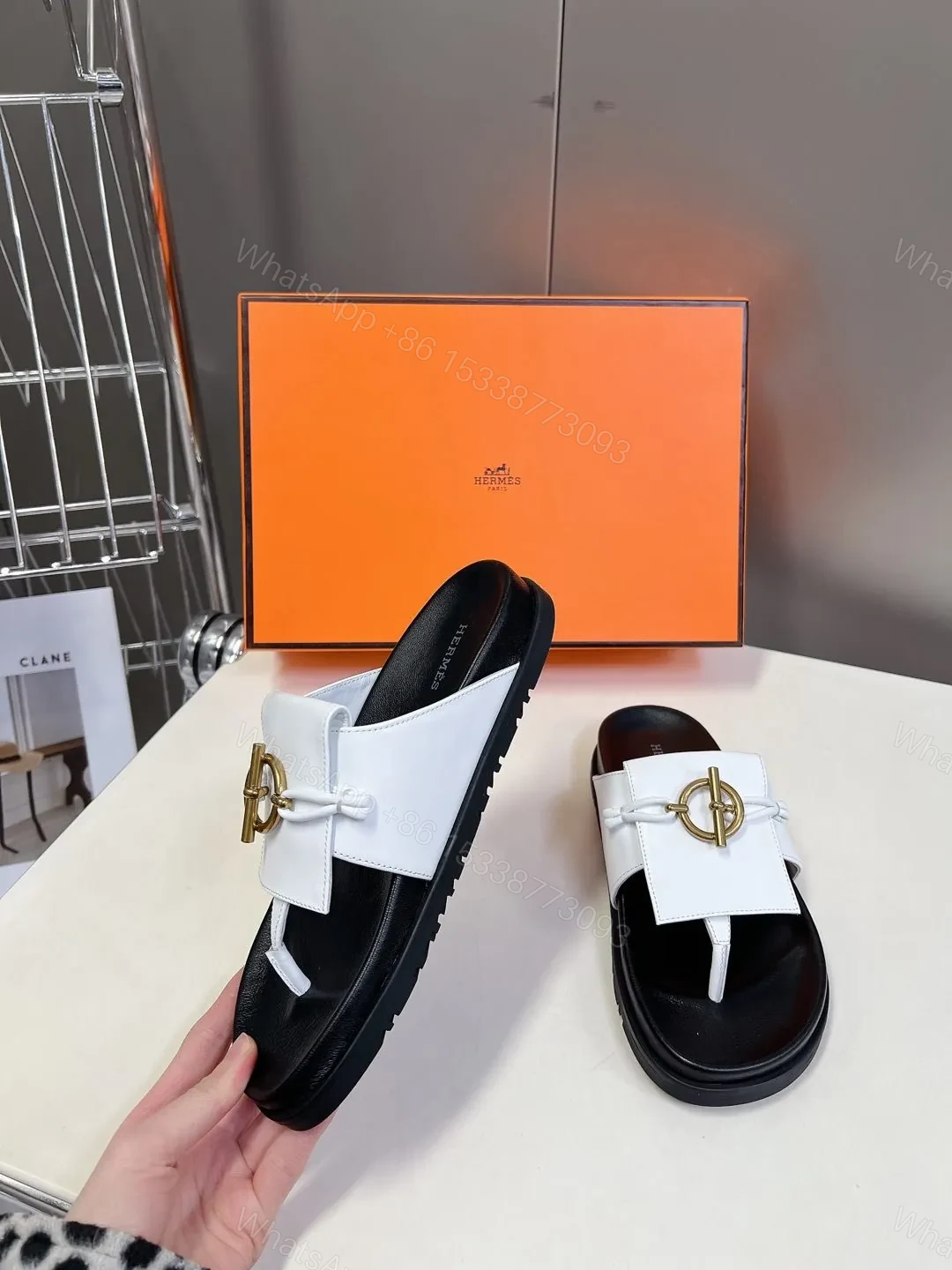 View 5 of Hermes Women White Leather Black Sole Sandals