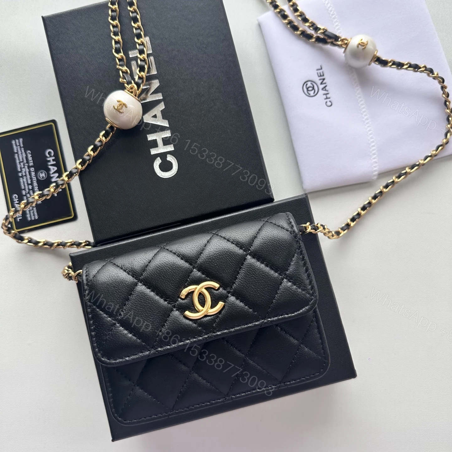 CHANEL 精品仿製小珍珠球鏈條迷你包 經典黑色菱格雙C扣肩背款 — view 1