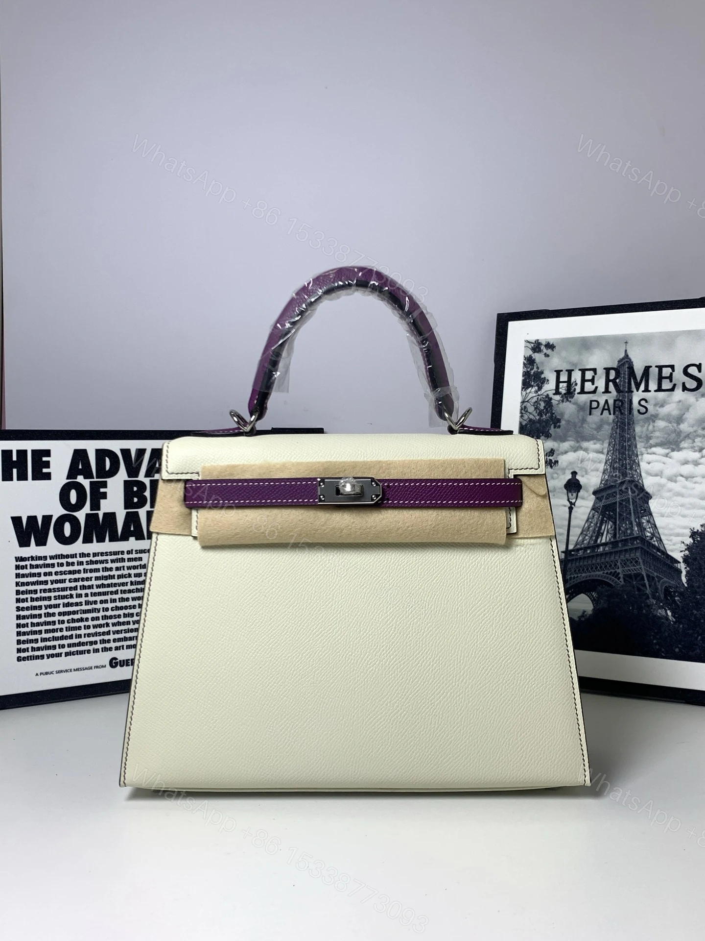 Hermès 一比一 Kelly 28 奶白拼紫色手提包 優雅氣質精品女包 — view 1