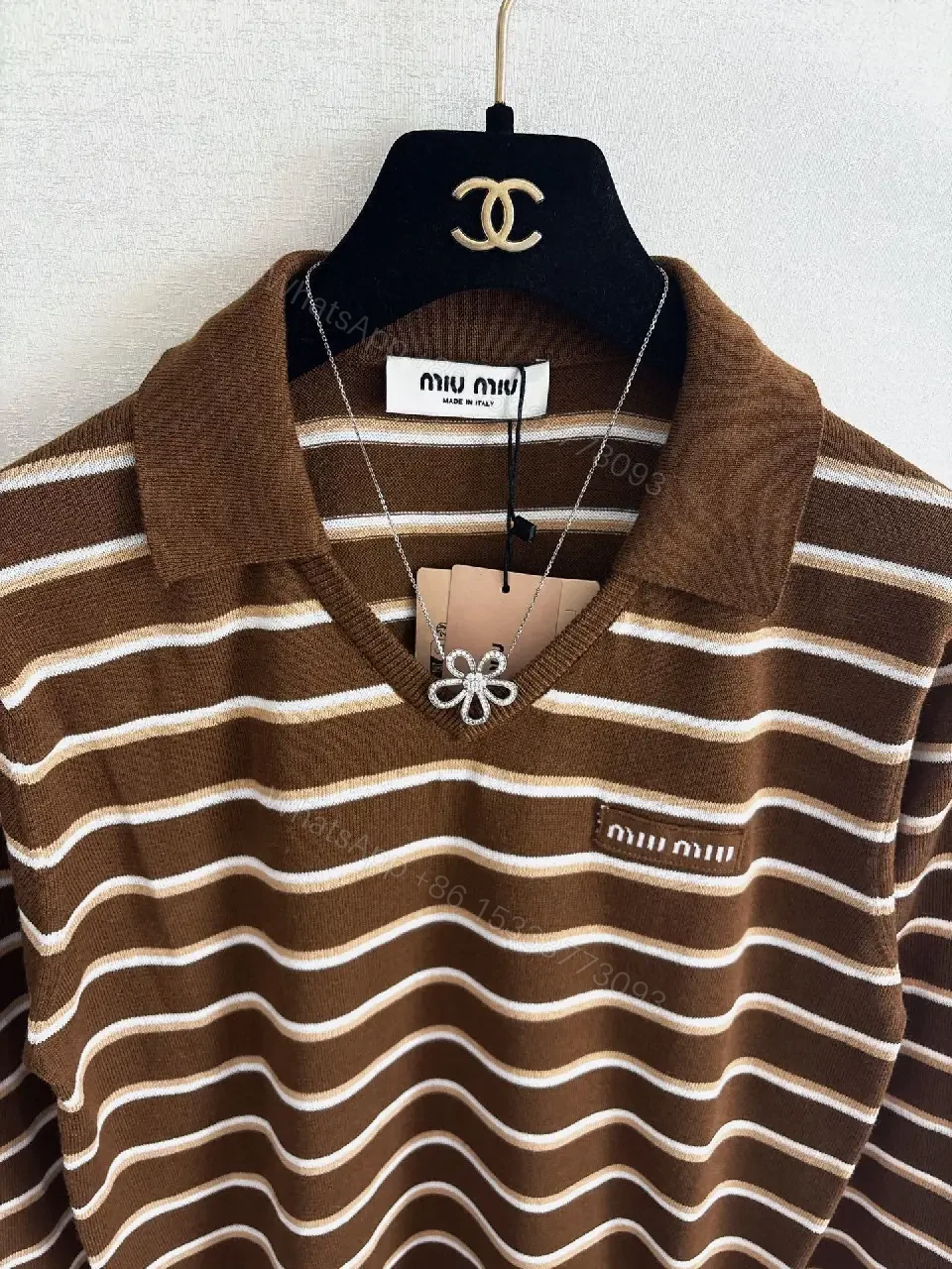 View 5 of Rich Brown Striped Knit Polo: All-Day Comfort