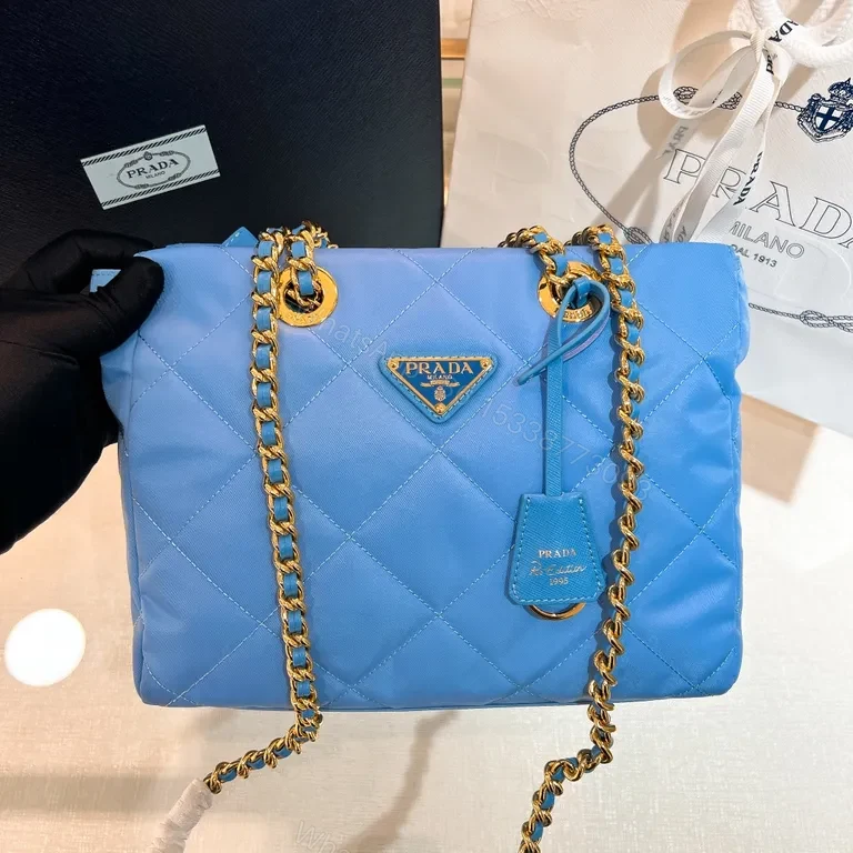 Sky-Blue Quilted Nylon Shoulder Bag with Gold Chain - Luxury Prada-Style — view 1