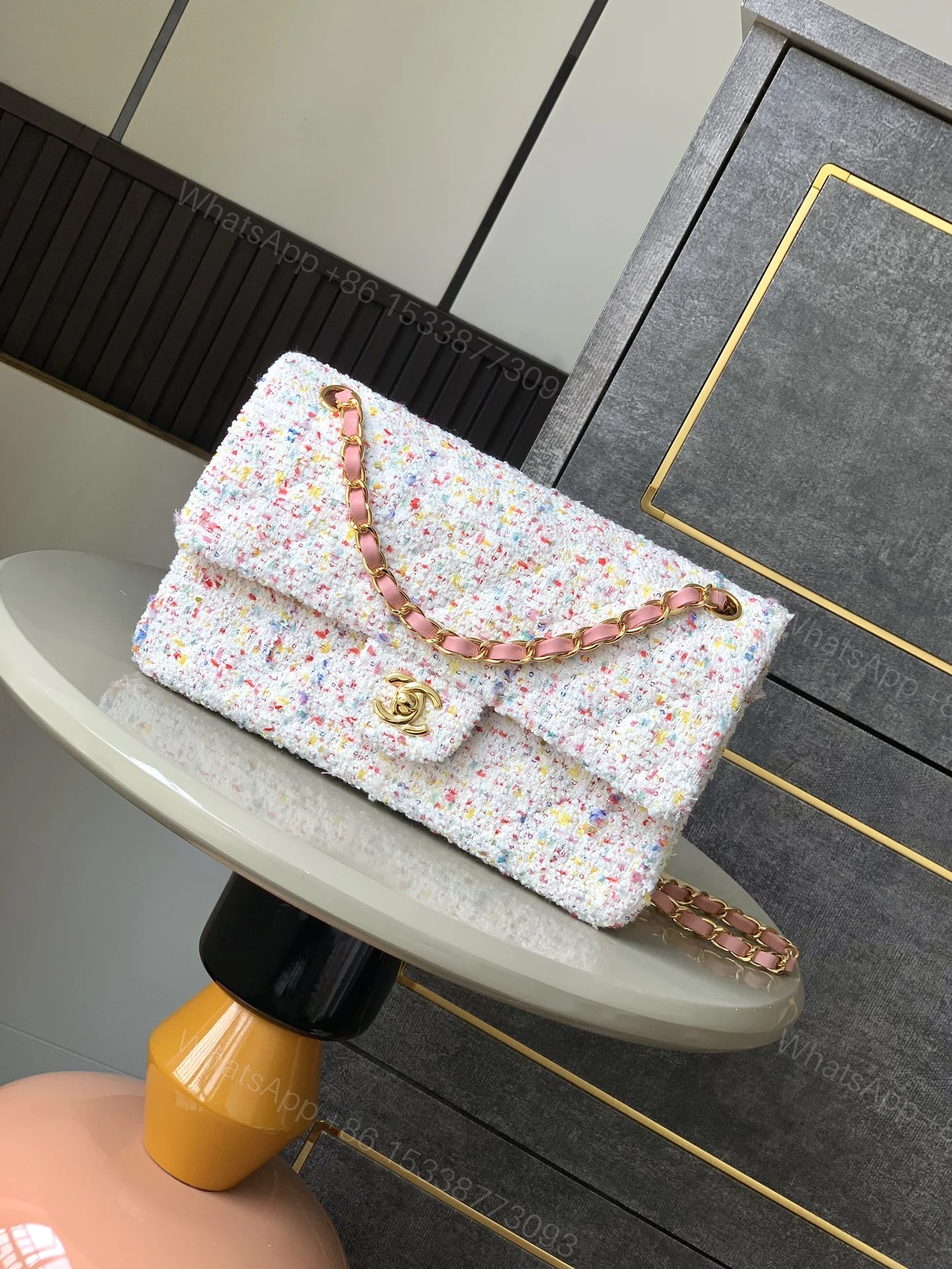 CHANEL 高仿 2.55 白色花呢繽紛鏈條包 春夏限定精品肩背包 — view 1